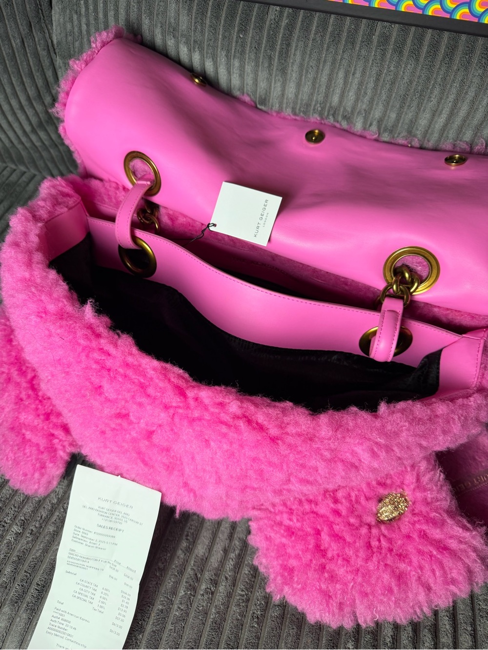 Kurt Geiger Hot Pink Faux Shearling Bag with Gold Accent - Picture 4 of 6